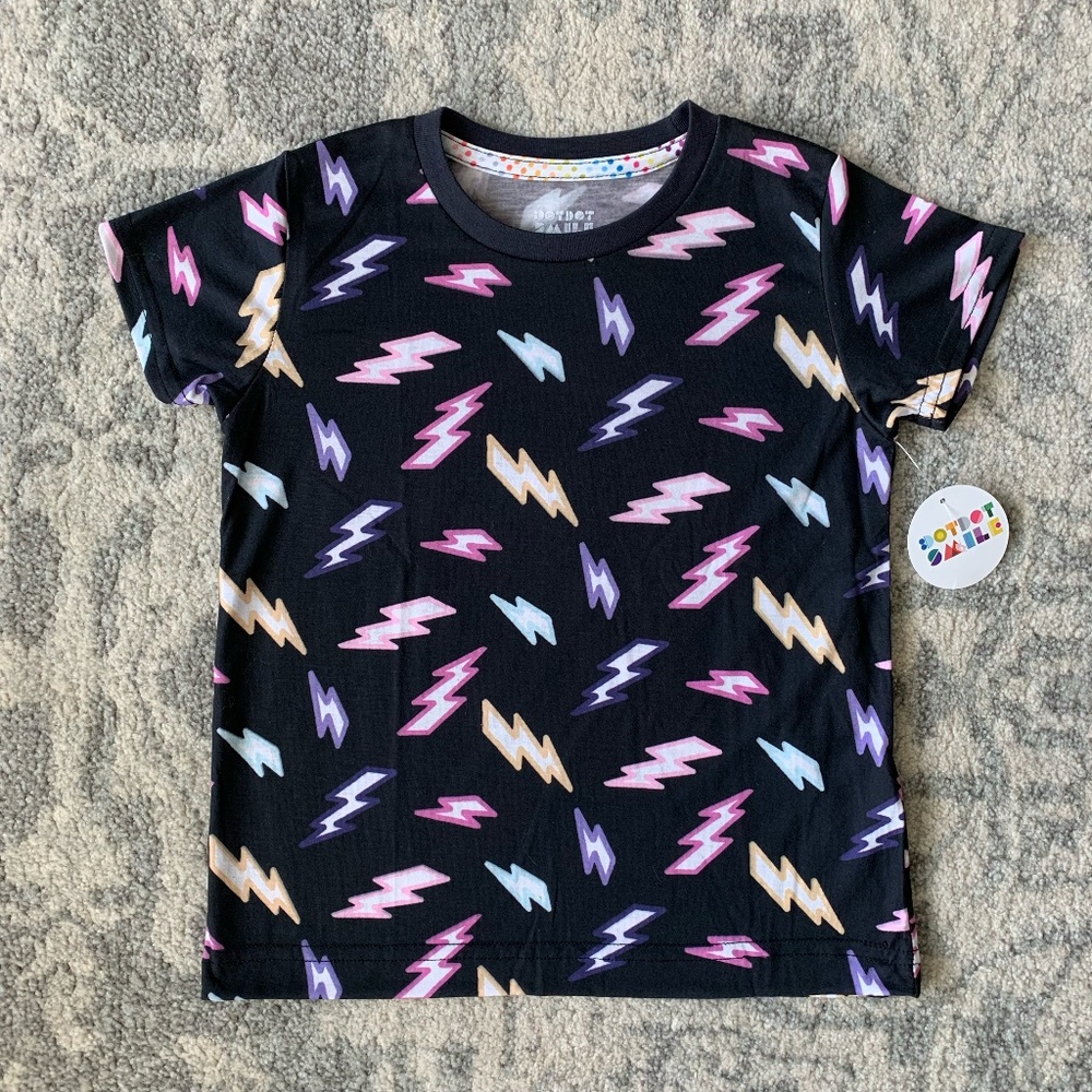 NWT Dot Dot Smile T-Shirt, ⚡️ Colorful Lightning bolts on Black ⚡️ , Size 8